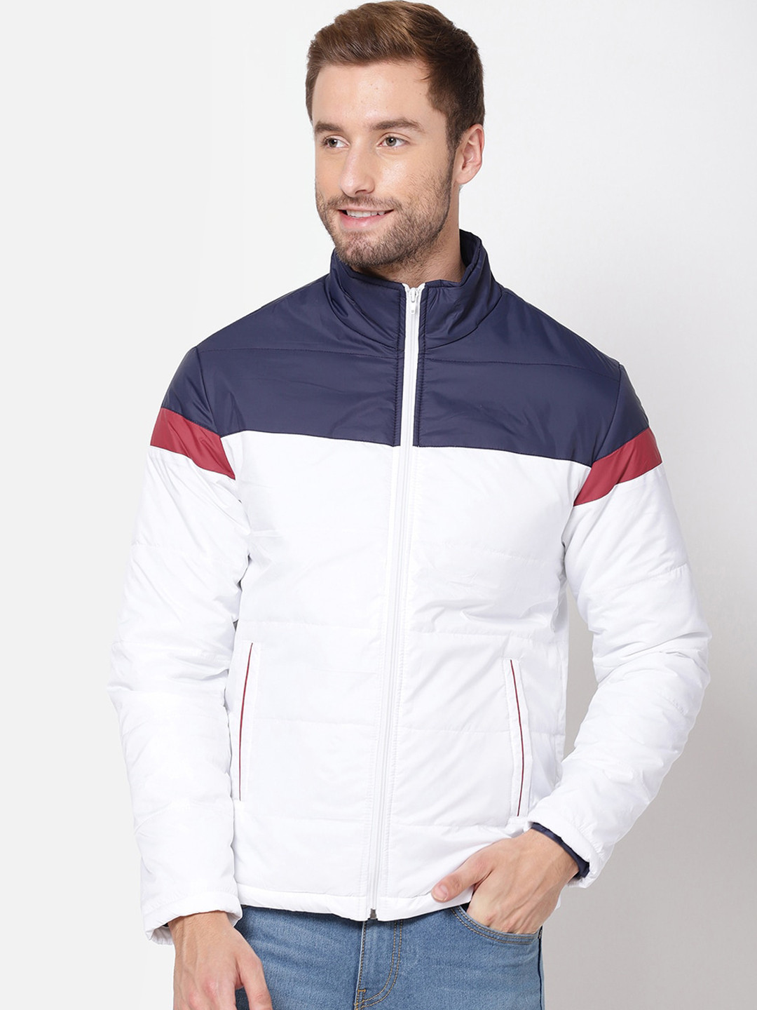 

R&B Men Navy Blue Colourblocked Puffer Jacket
