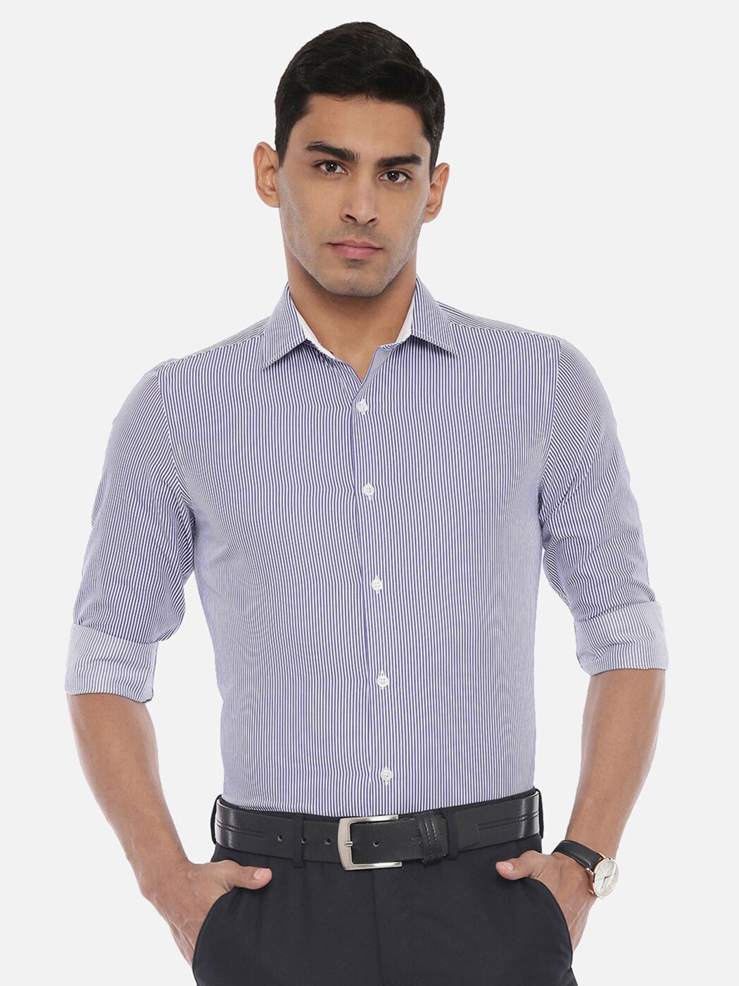 

R&B Men Navy Blue Classic Striped Casual Shirt
