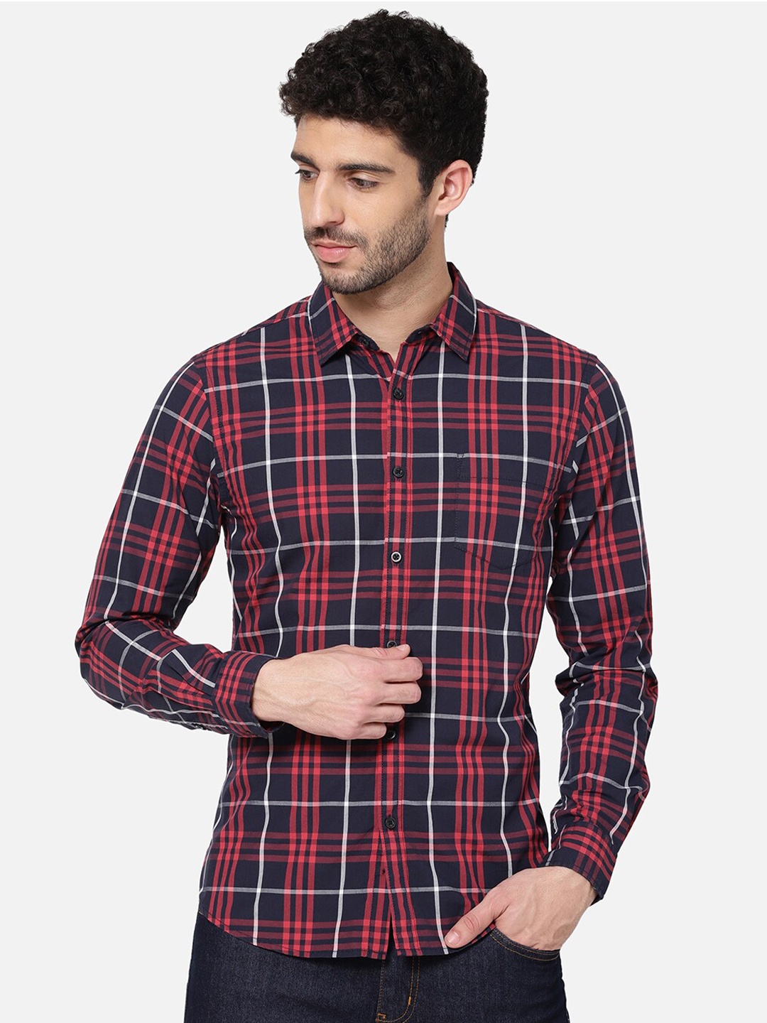 

R&B Men Red Classic Slim Fit Tartan Checks Checked Casual Shirt