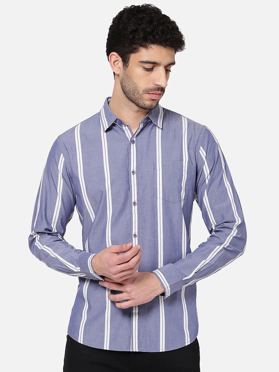 

R&B Men Blue Classic Slim Fit Striped Cotton Casual Shirt