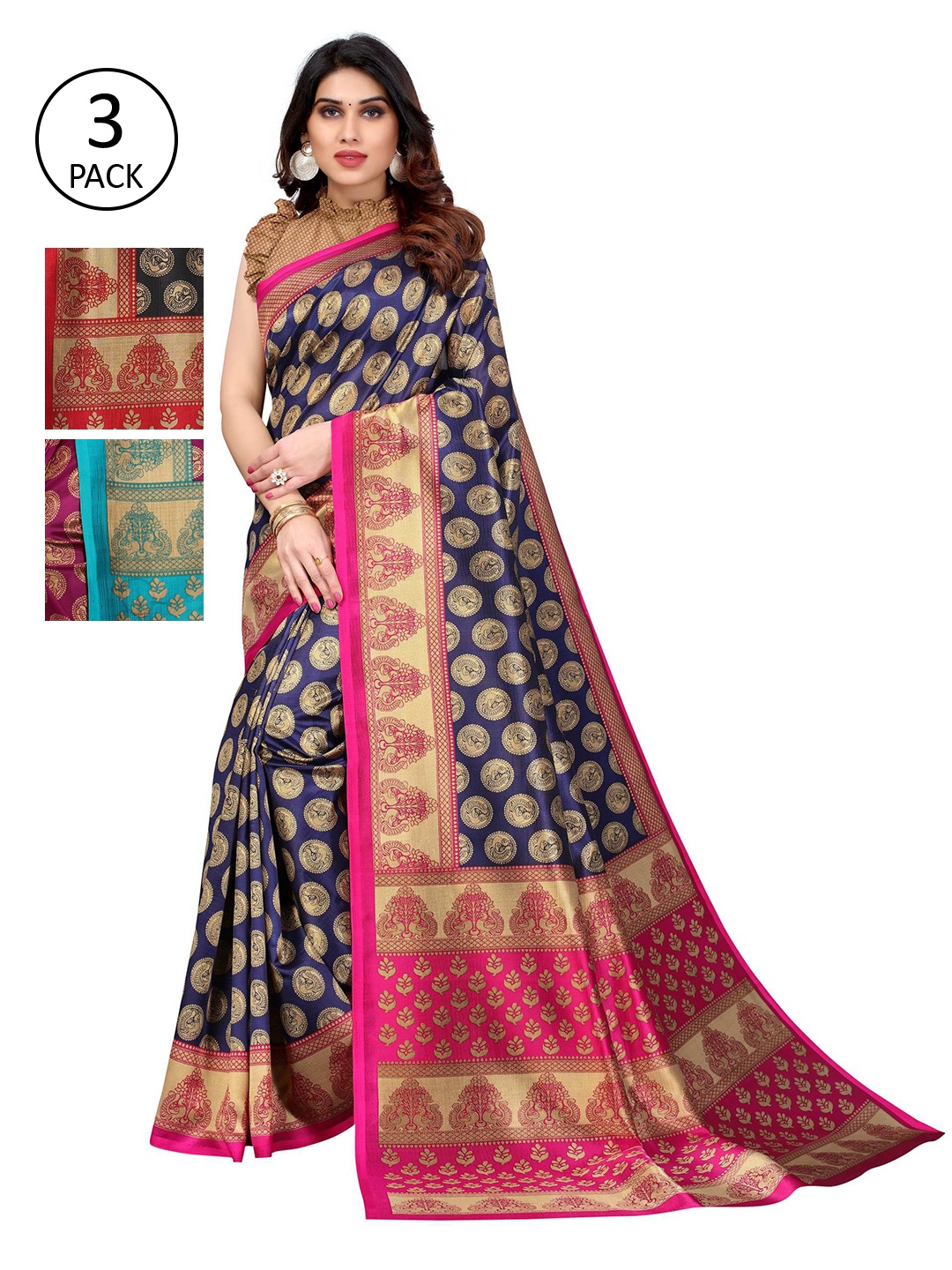 

AADVIKA Black & Blue Ethnic Motifs Mysore Silk Saree