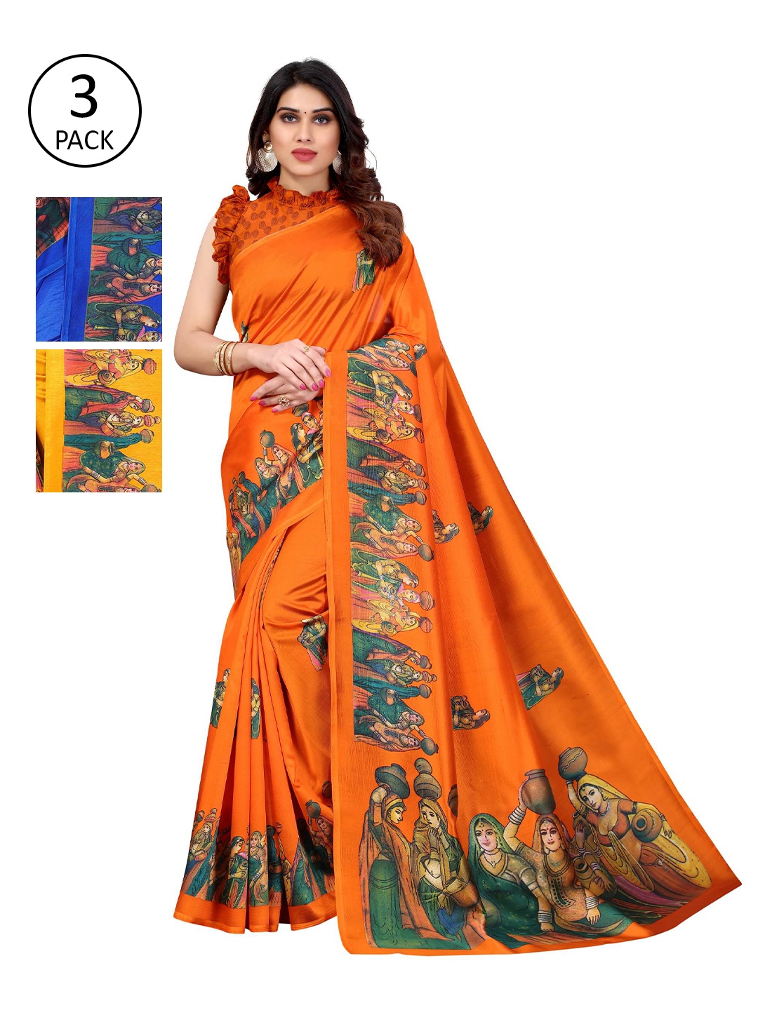

AADVIKA Pack of 3 Yellow & Orange Ethnic Motifs Mysore Silk Saree