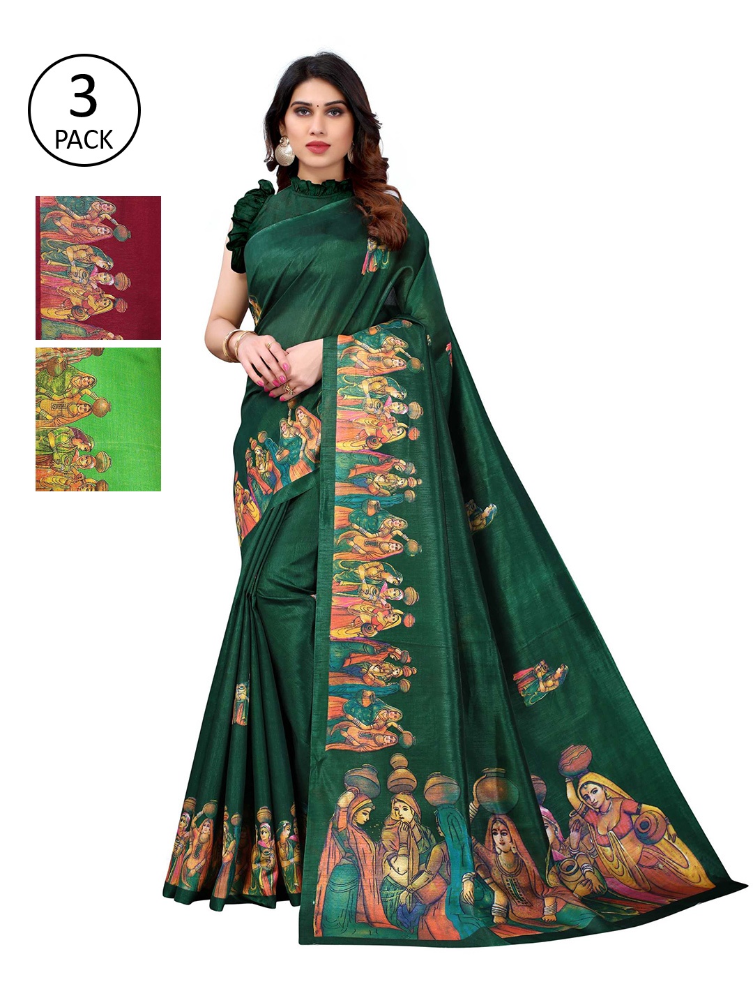 

AADVIKA Green, Lime Green& Maroon Ethnic Motifs Art Silk Mysore Silk Saree