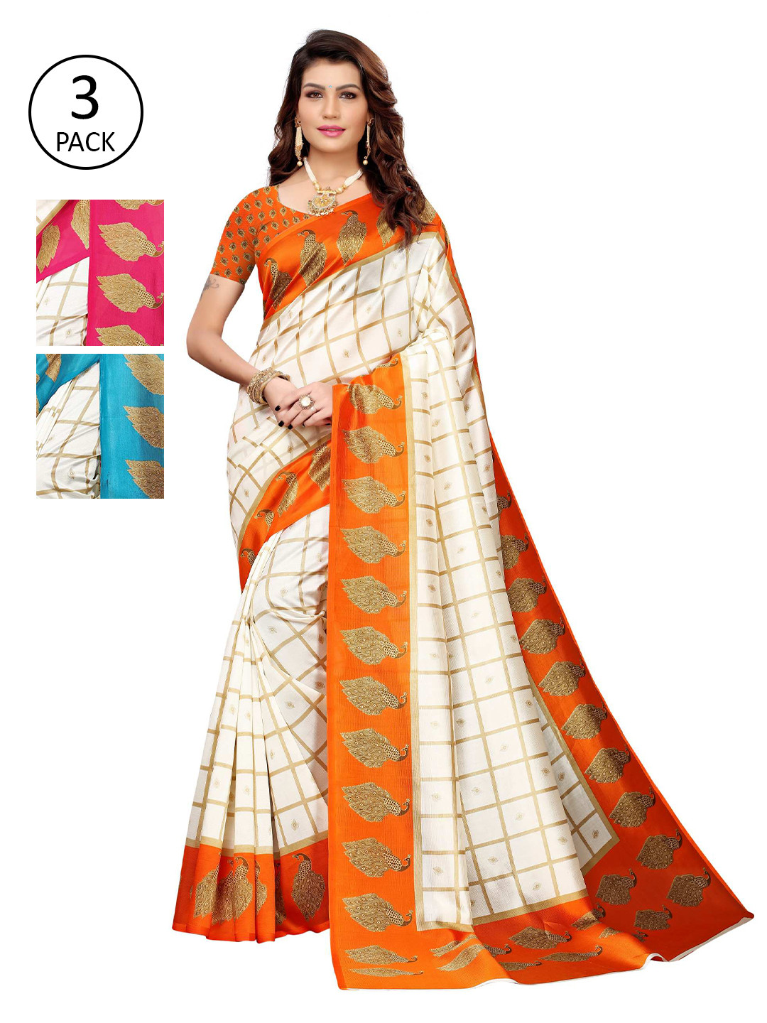 

AADVIKA Women Pack of 3 White & Orange Checked Mysore Silk Saree