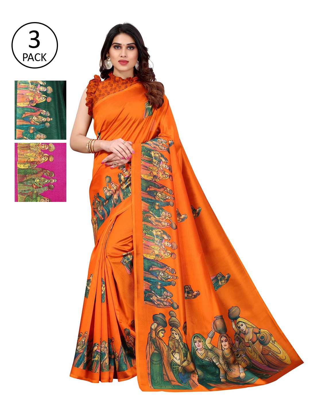 

AADVIKA Orange & Green Ethnic Motifs Art Silk Mysore Silk Saree