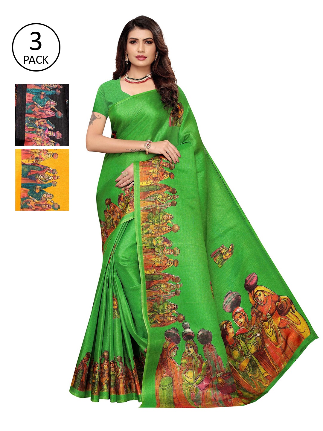 

AADVIKA Pack of 3 Green Ethnic Motifs Mysore Silk Sarees