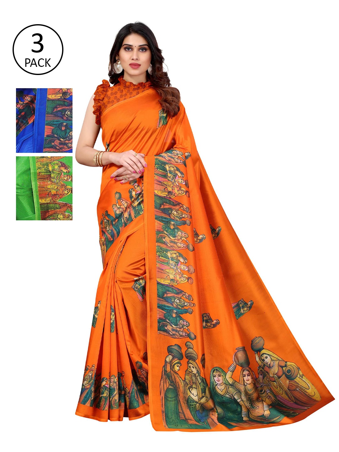 

AADVIKA Orange & Green Ethnic Motifs Art Silk Mysore Silk Saree