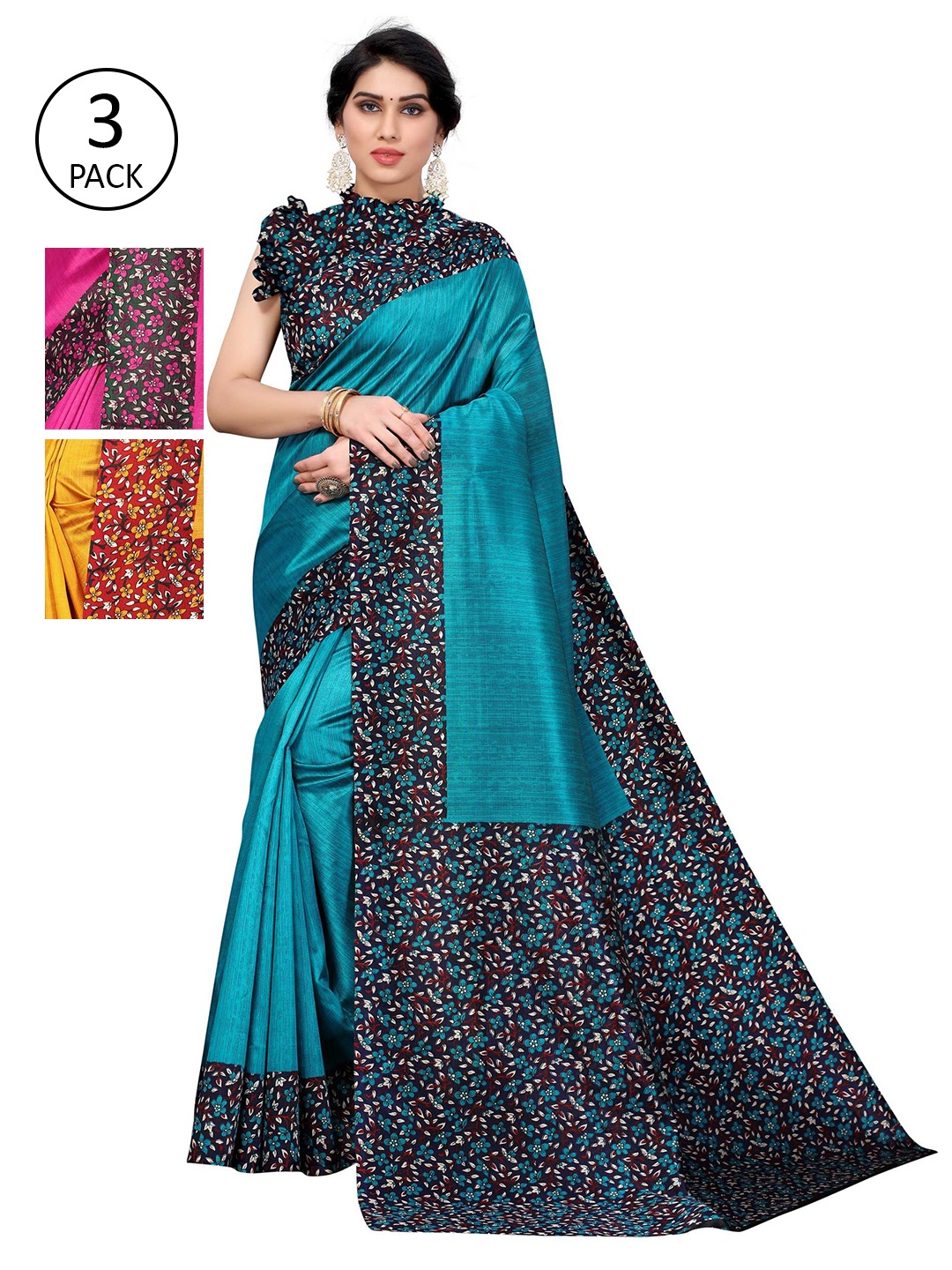 

AADVIKA Pink & Yellow, Blue Floral Art Silk Mysore Silk Saree