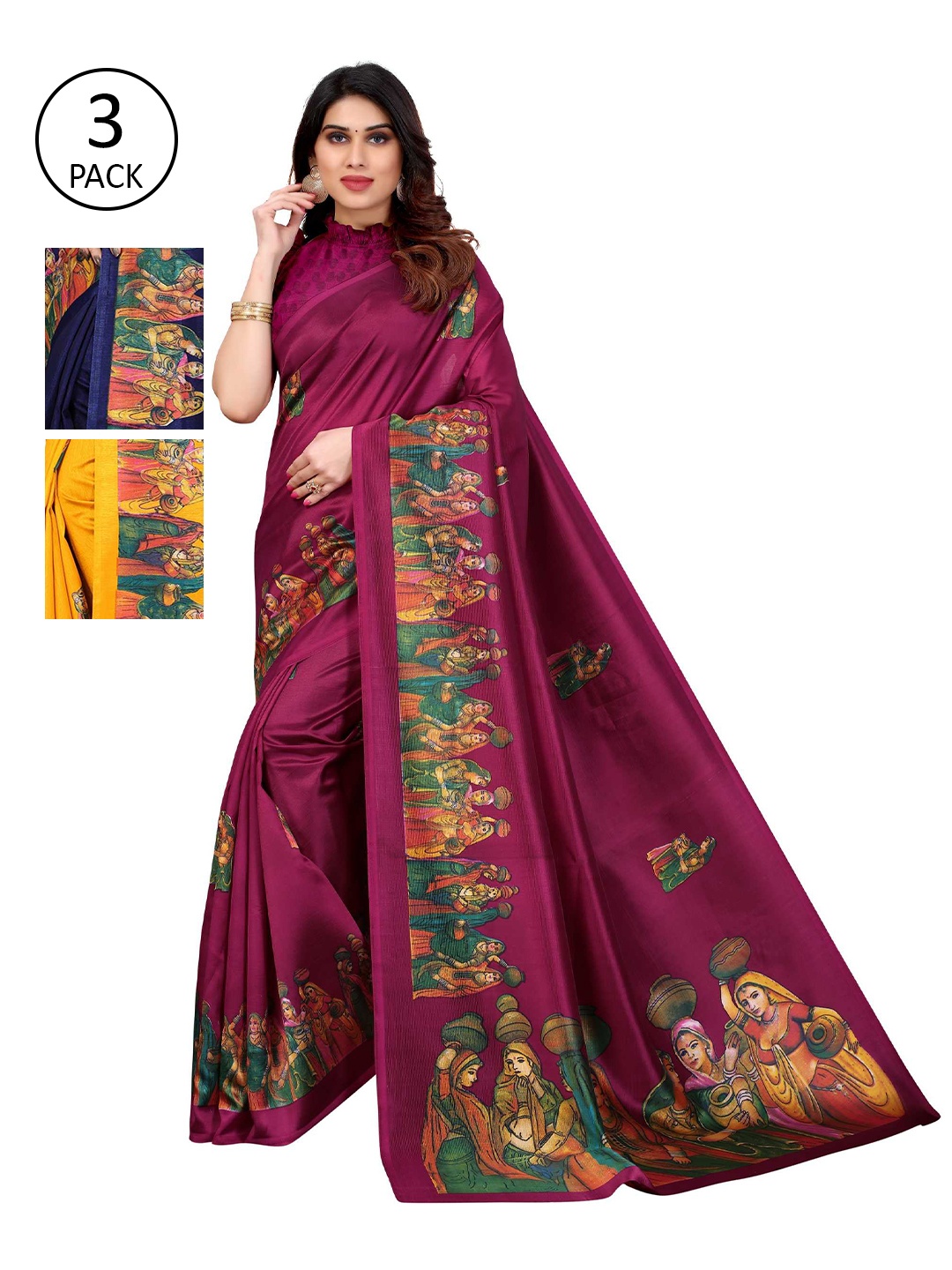 

AADVIKA Navy Blue & Yellow Ethnic Motifs Art Silk Mysore Silk Saree