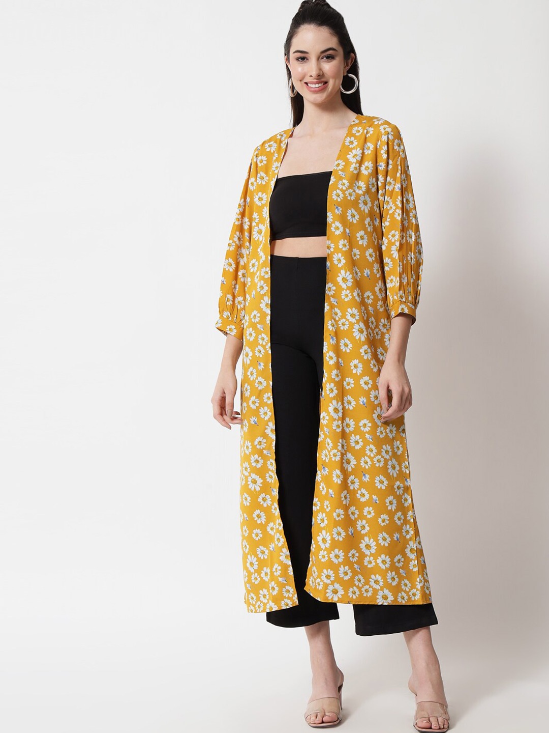 

COASTLAND Women Mustard & White Printed Longline Open Front Shrug