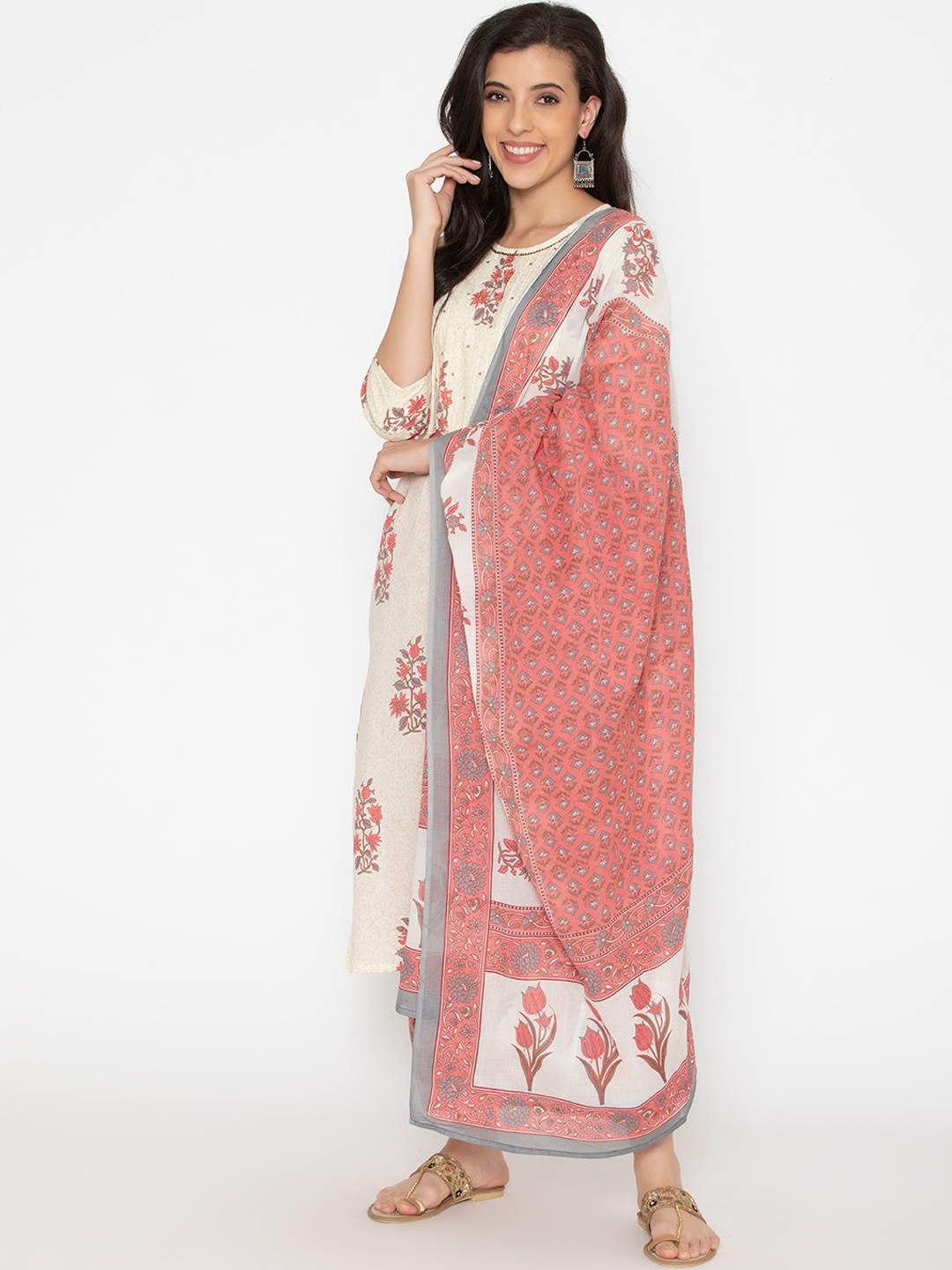 

SAABHI Women Cream-Coloured Ethnic Motifs Pure Cotton Kurta with Palazzos & dupatta