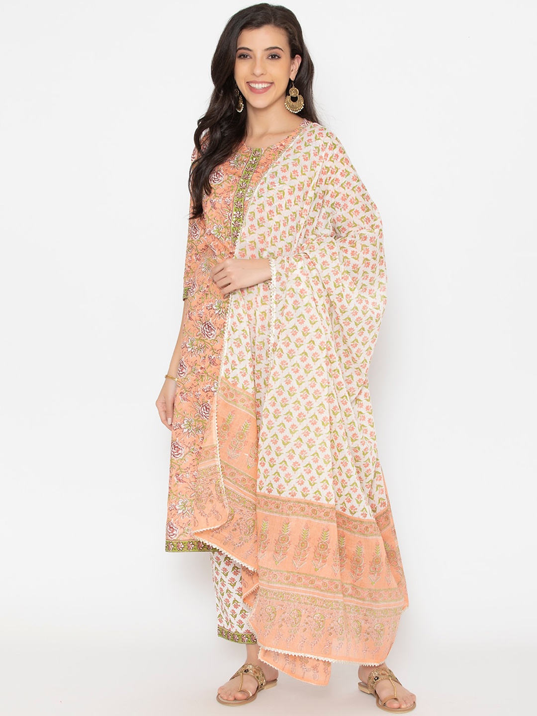 

SAABHI Women Peach-Coloured Floral Printed Pure Cotton Kurta with Trousers & With Dupatta