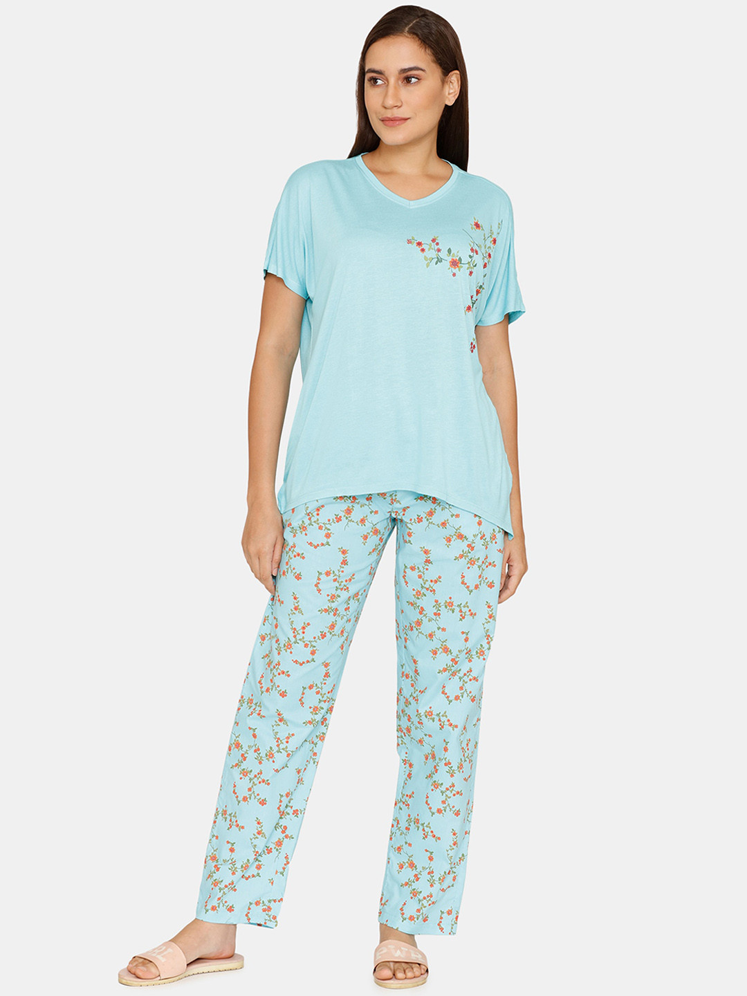 

Zivame Women Blue & Green Printed Pure Cotton Night suit