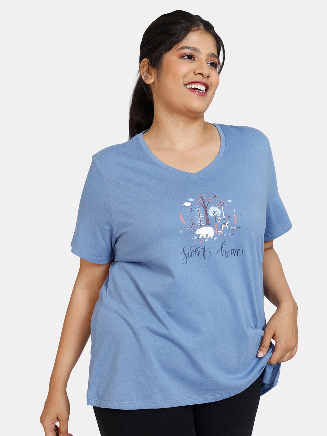 

Zivame Plus Size Women Blue Typography Printed V-Neck Cotton T-shirt