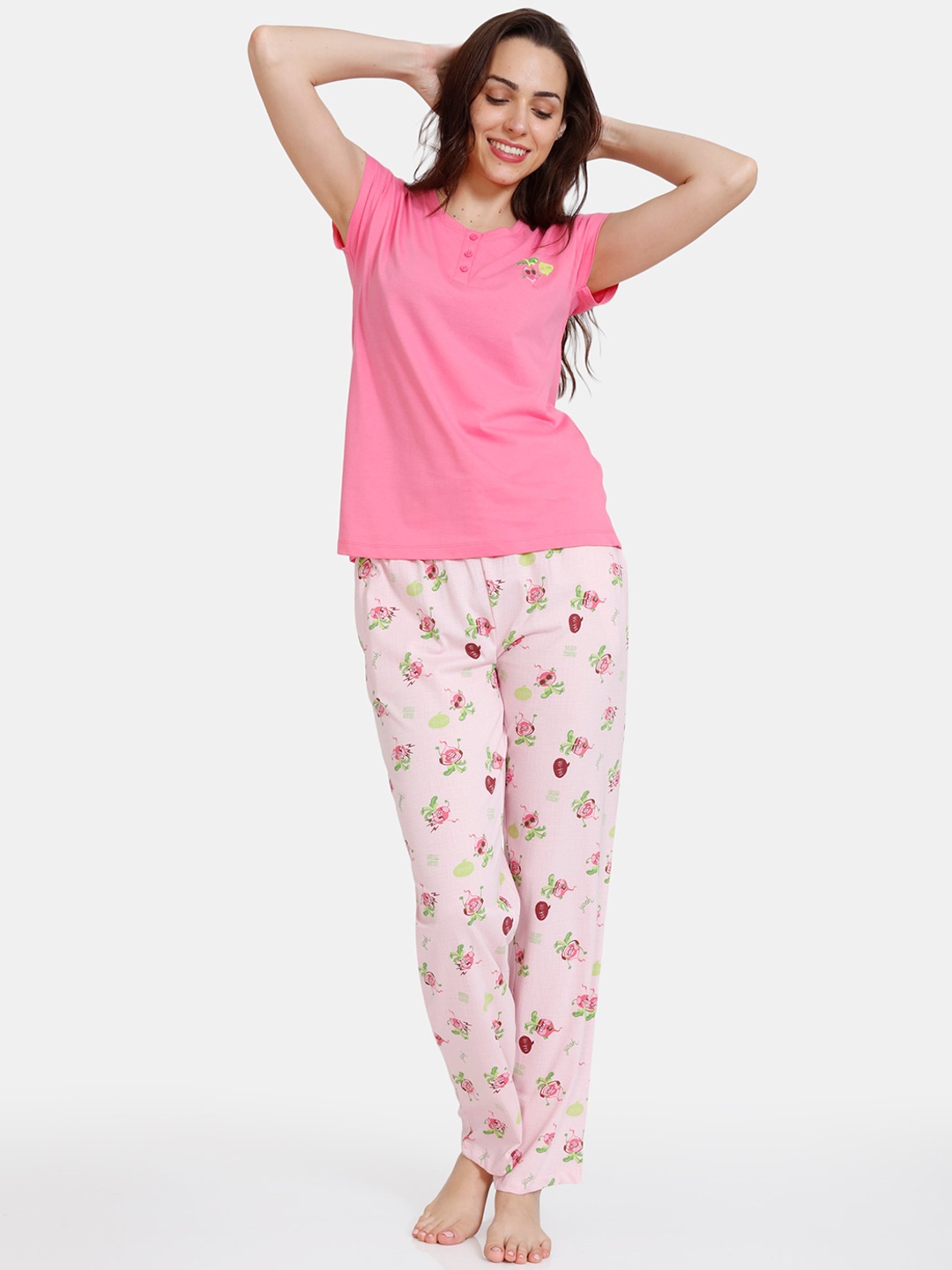 

Zivame Women Pink & Green Pure Cotton Night suit