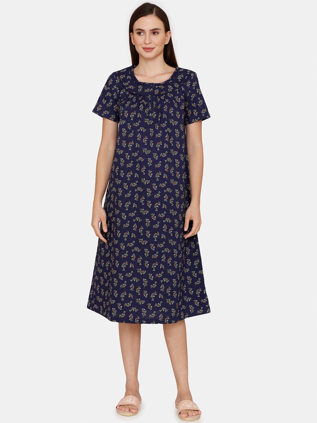 

Zivame Women Blue Printed Pure Cotton Nightdress
