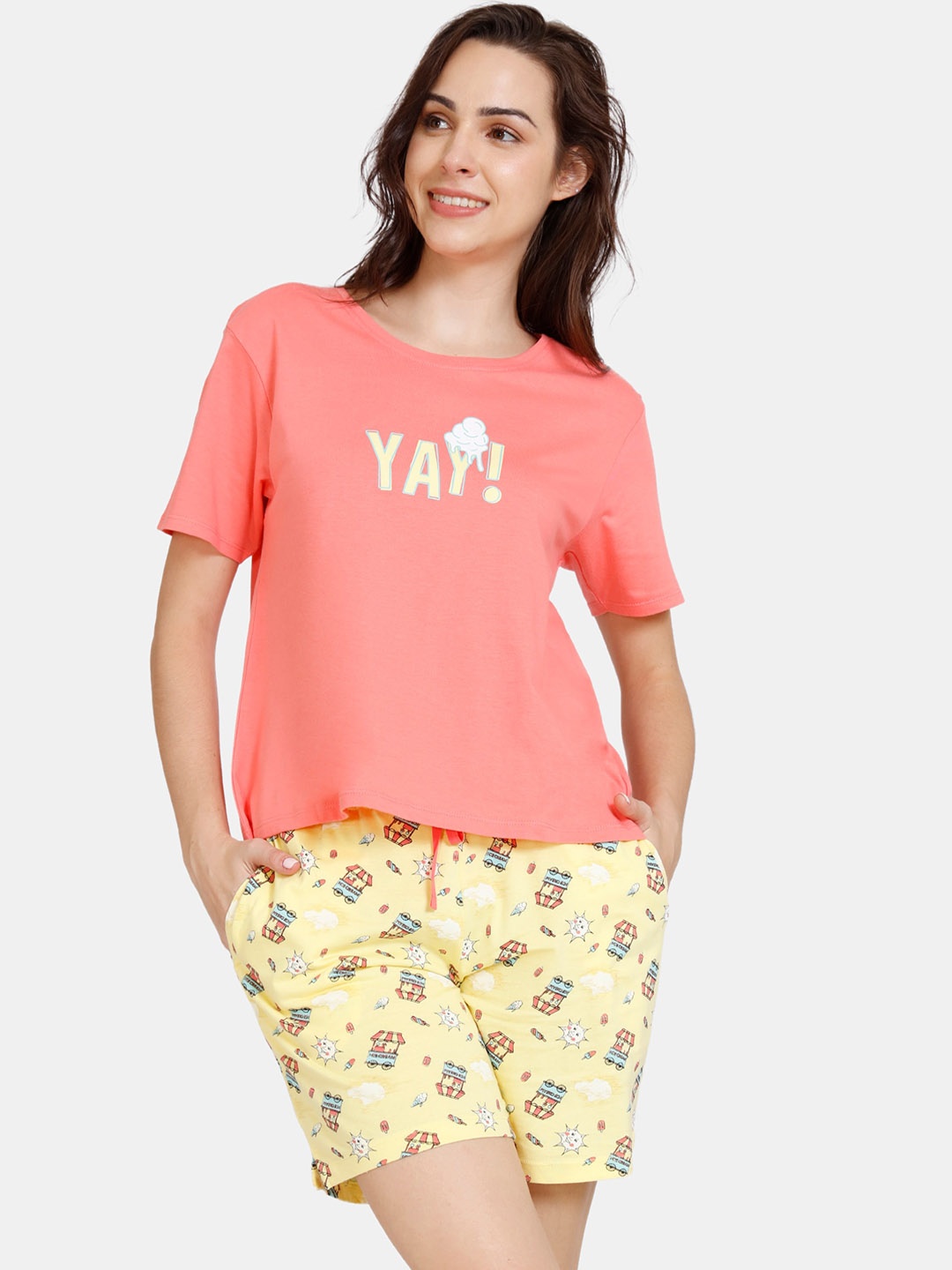 

Zivame Women Pink & Yellow Night suit
