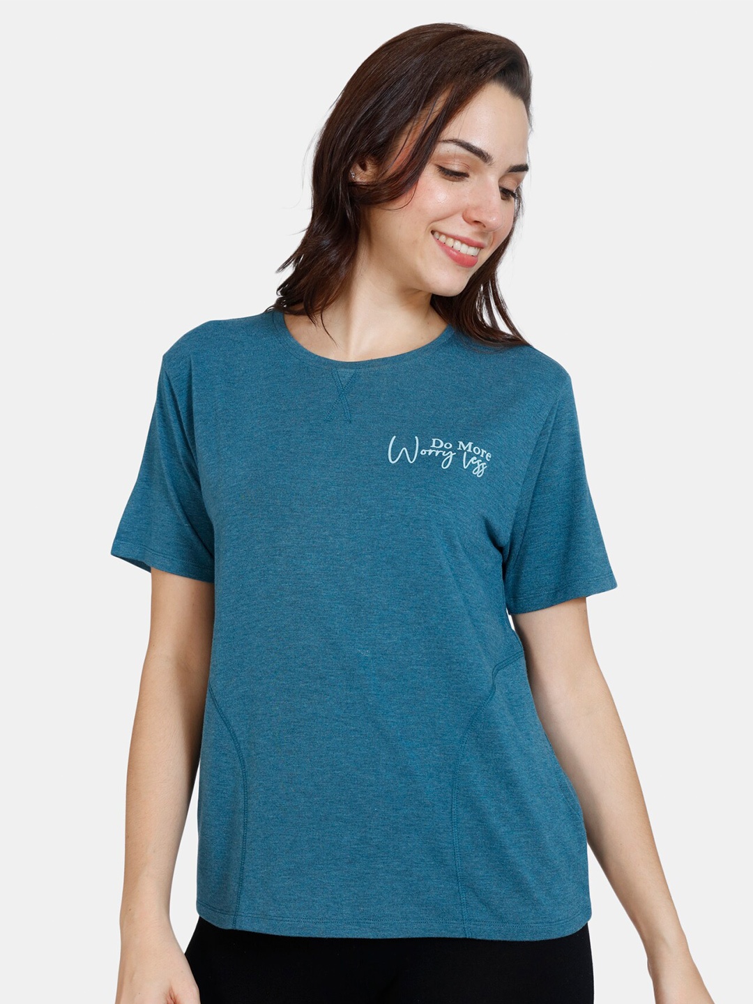 

Zivame Teal Green Short Sleeves Top With Printed Detail