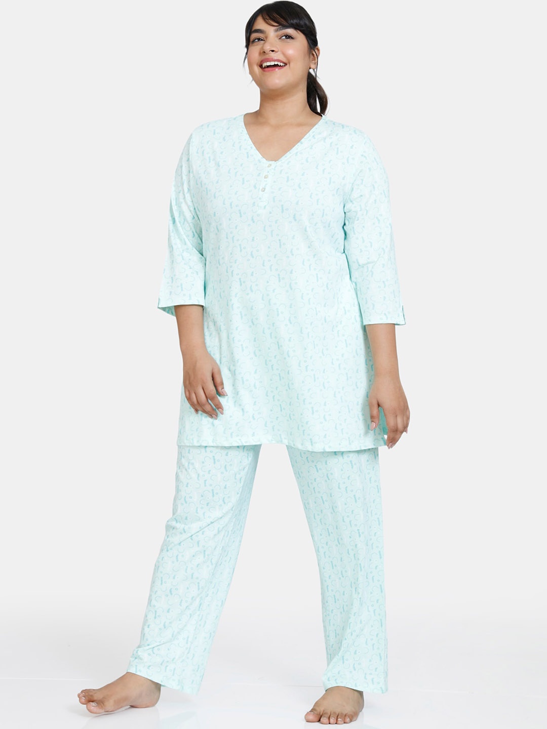 

Zivame Women Blue Printed Pure Cotton Night suit Set