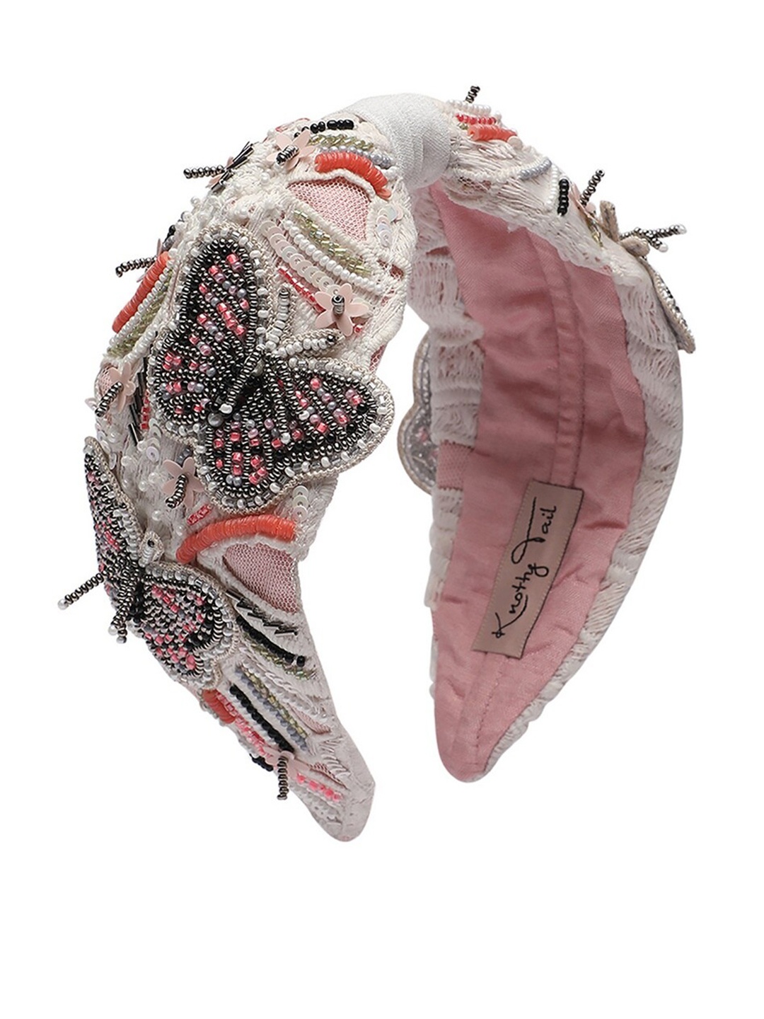 

Knotty Tail Women White & Pink Embellished Lace Bandana Headband