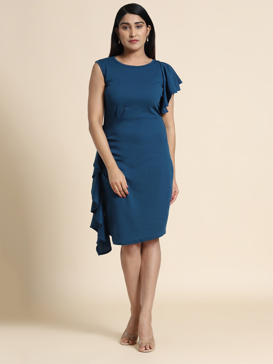 

KALINI Teal Legion Blue Sheath Dress With Ruffled Detail