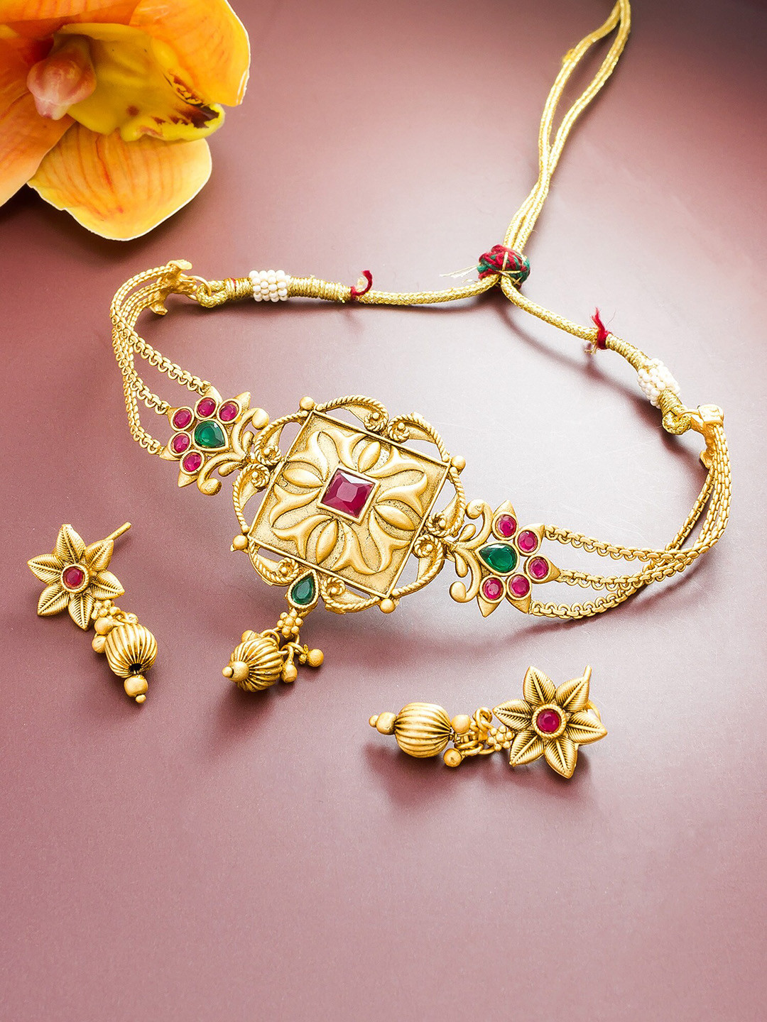 

aadita Gold-Plated Pink & Green Stone-Studded & Beaded Jewellery Set