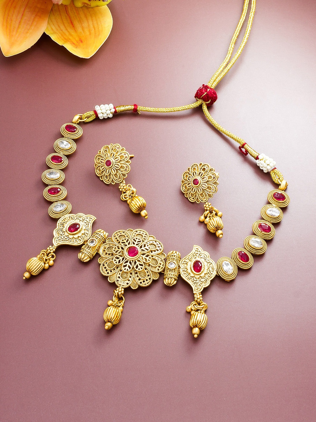 

aadita Women Gold- Plated & Red Choker Jewellery Set