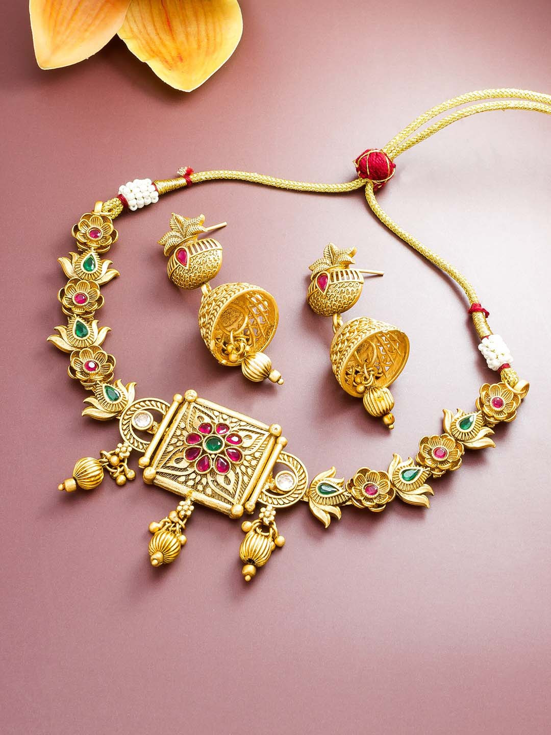 

Aadita Gold-Plated Green & Red Studded Choker Set