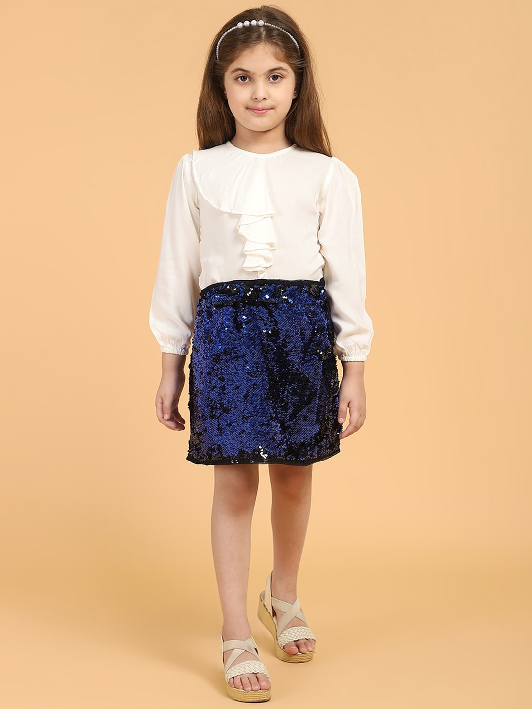 

PICCOLO Girls Off-White & Blue Top with Skirt