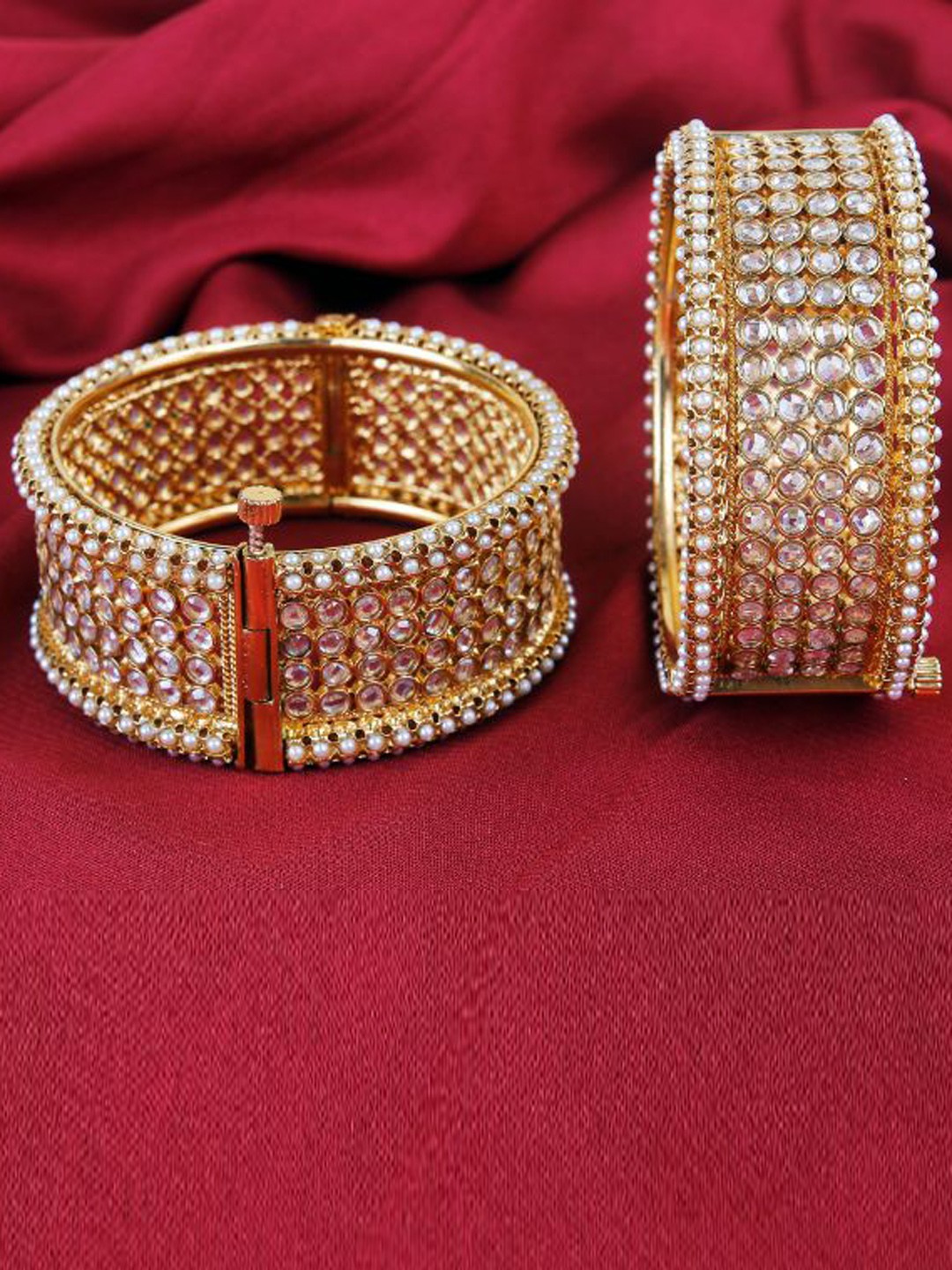

FIROZA Set Of 2 Gold-Plated White Stone Studded & Pearl Beaded Bangle