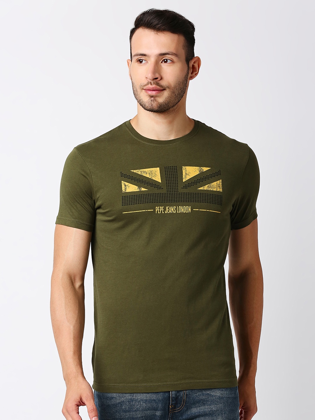 

Pepe Jeans Men Olive Green Printed Slim Fit Pure Cotton Casual T-shirt