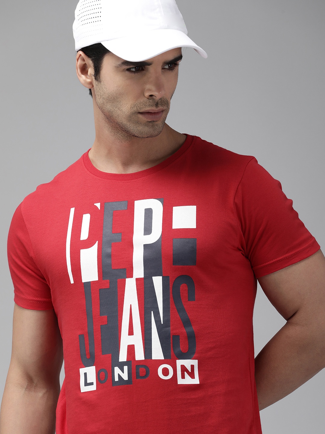 

Pepe Jeans Men Red Typography Printed Applique Slim Fit Pure Cotton Casual T-shirt