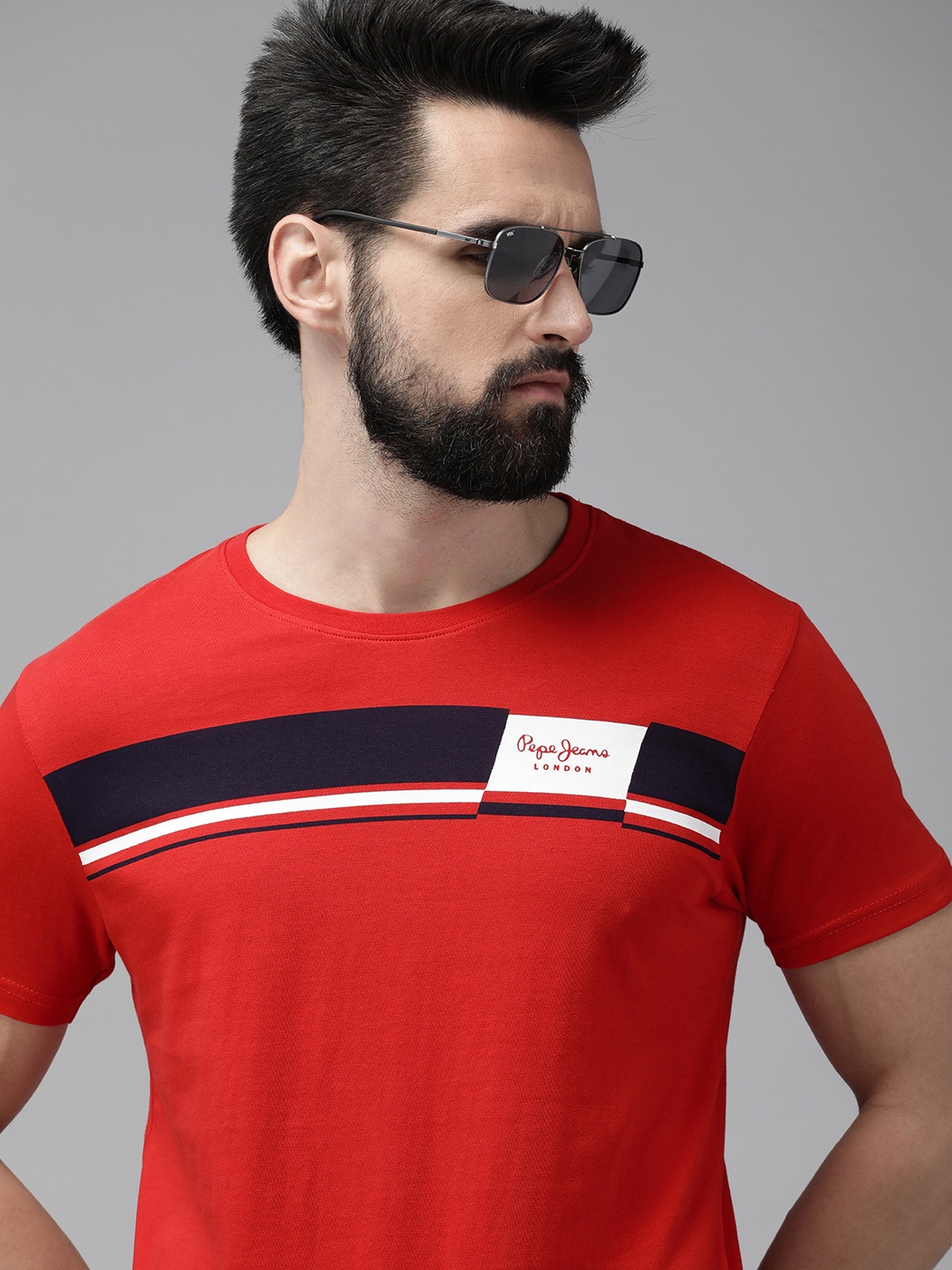 

Pepe Jeans Men Red Brand Logo Striped Pure Cotton Slim Fit T-shirt