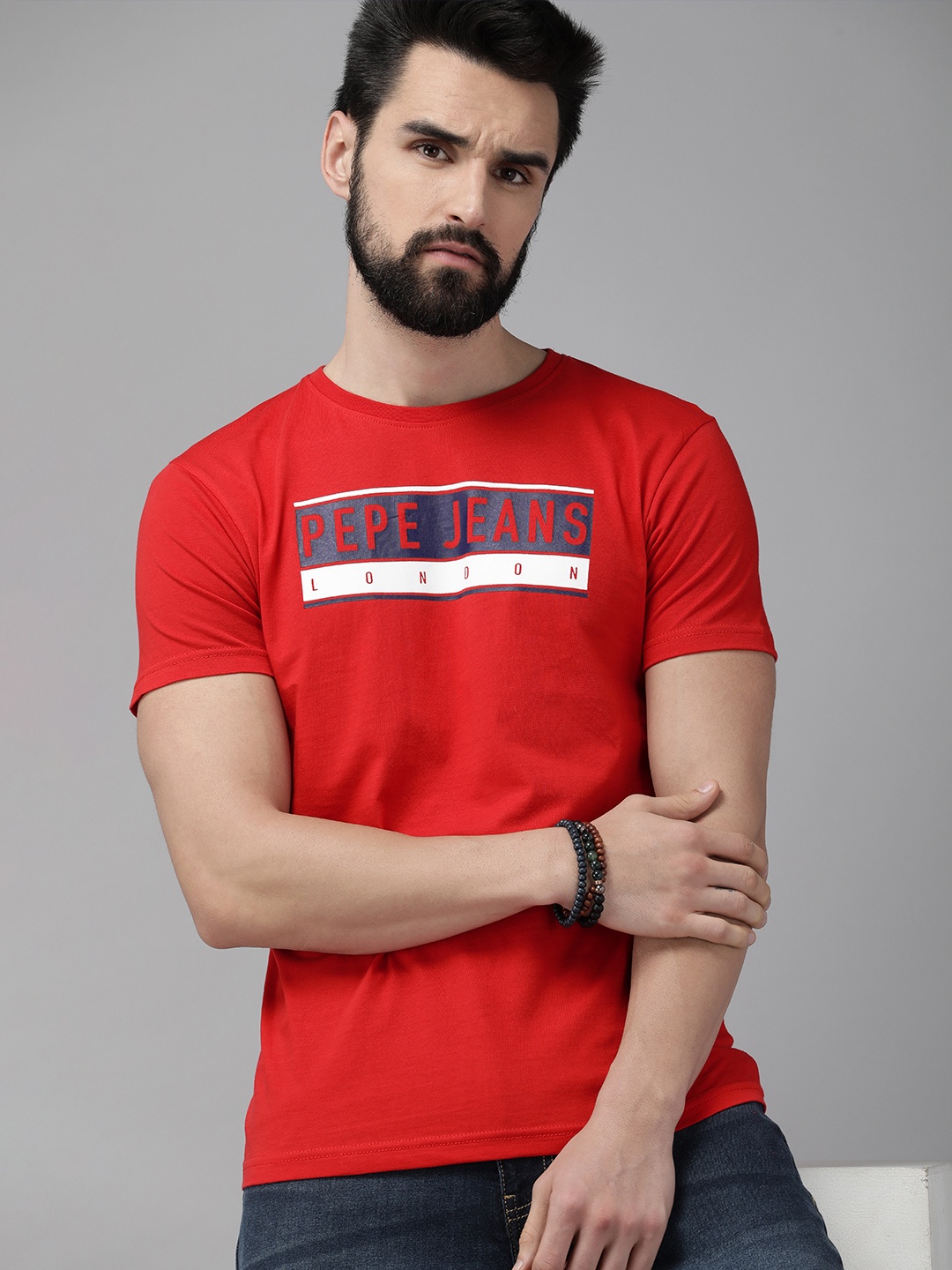 

Pepe Jeans Men Red Brand Logo Printed Pure Cotton Slim Fit T-shirt