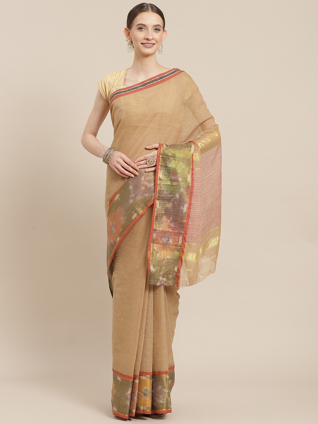 

Ishin Beige & Olive Green Zari Pochampally Saree