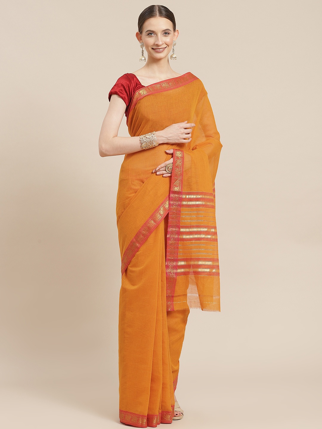 

Ishin Mustard & Red Zari Saree