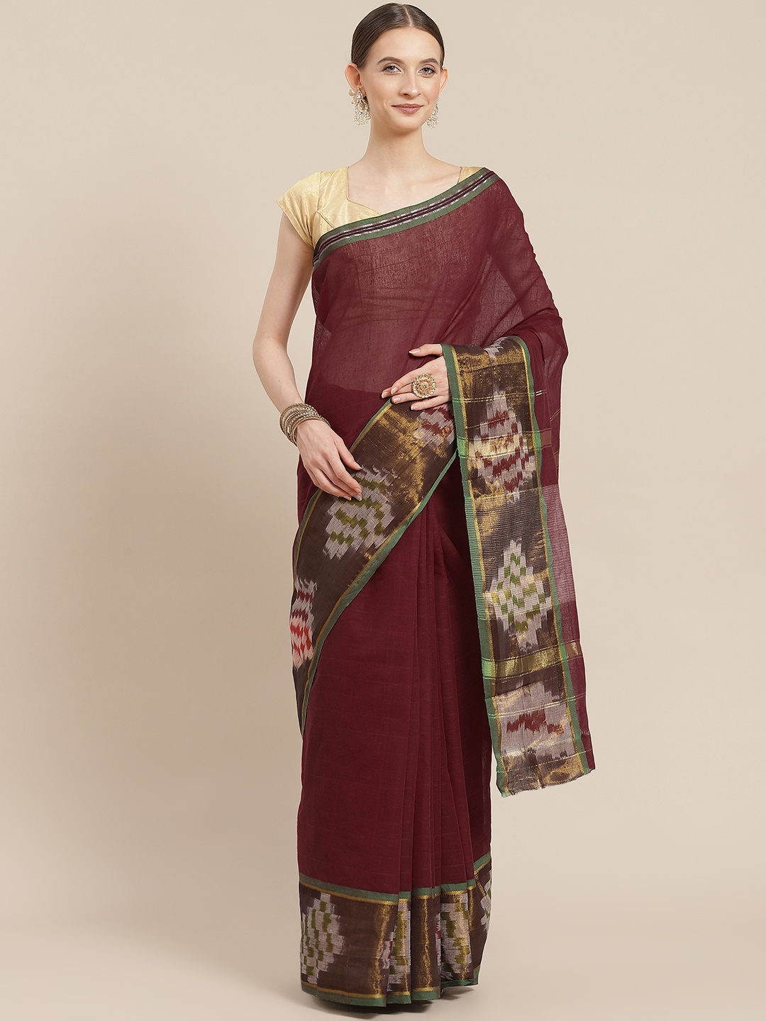 

Ishin Maroon Woven Design Zari Pochampally Saree