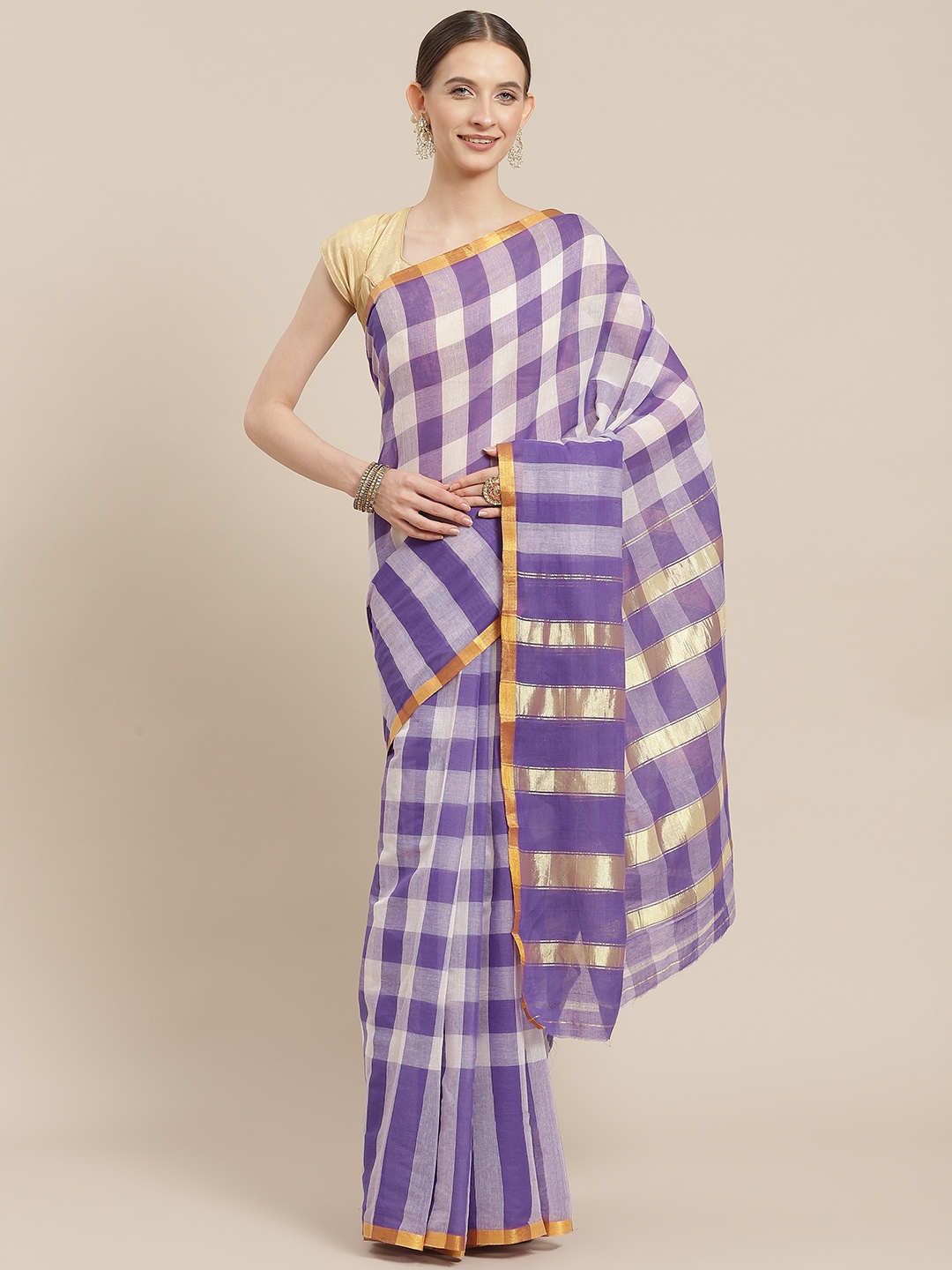 

Ishin Purple & White Checked Zari Saree