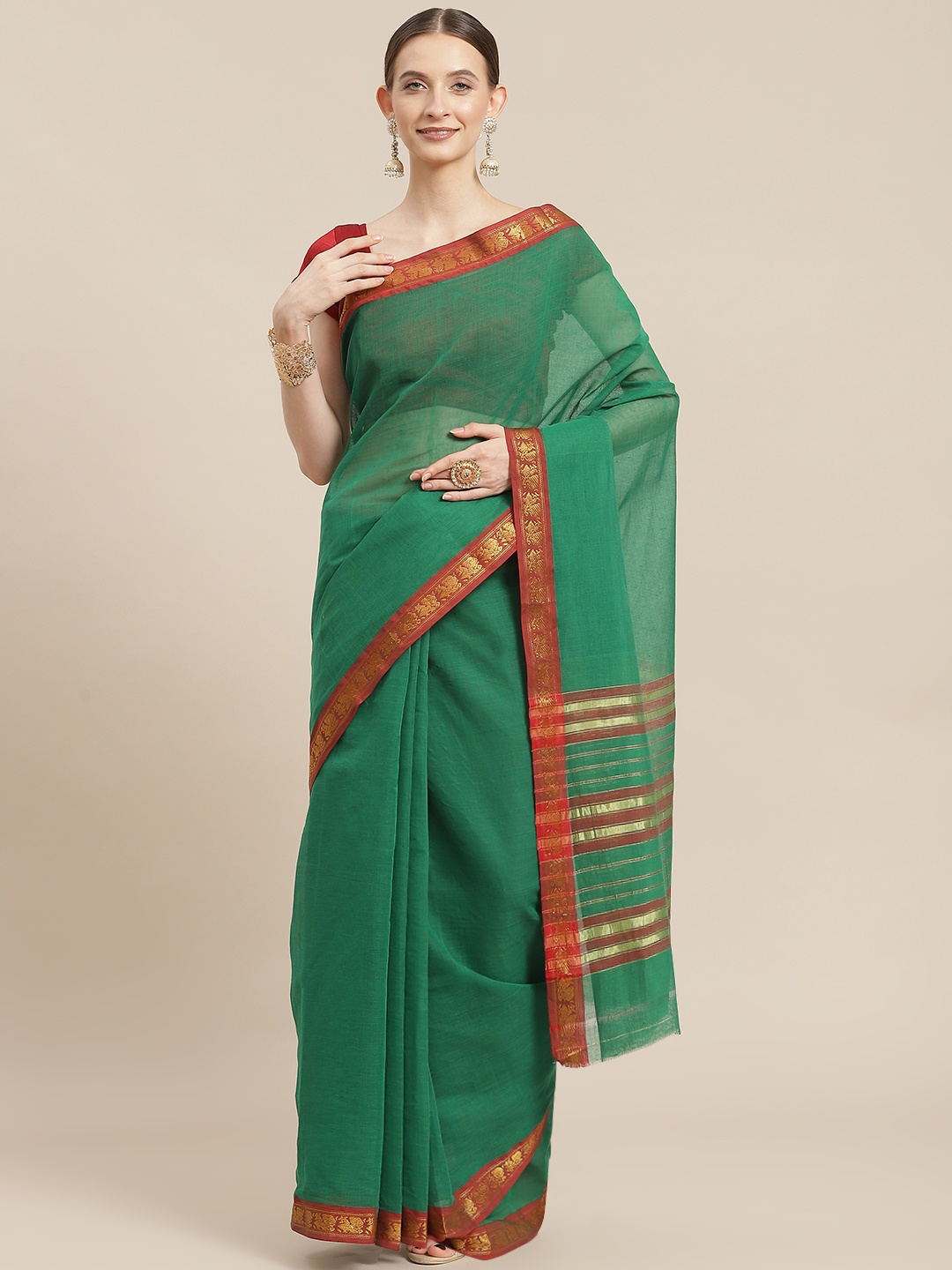 

Ishin Green & Red Zari Saree