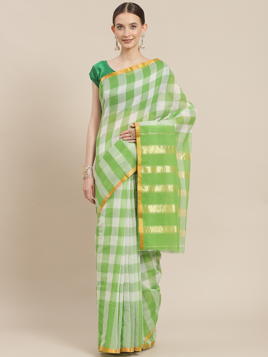 

Ishin Green & White Checked Zari Saree