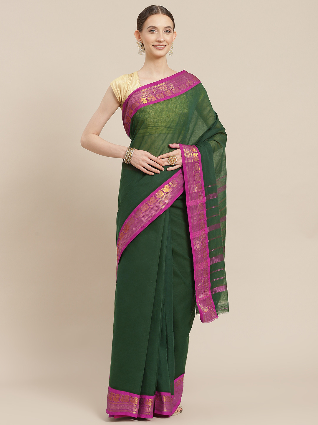 

Ishin Green & Pink Solid Zari Saree