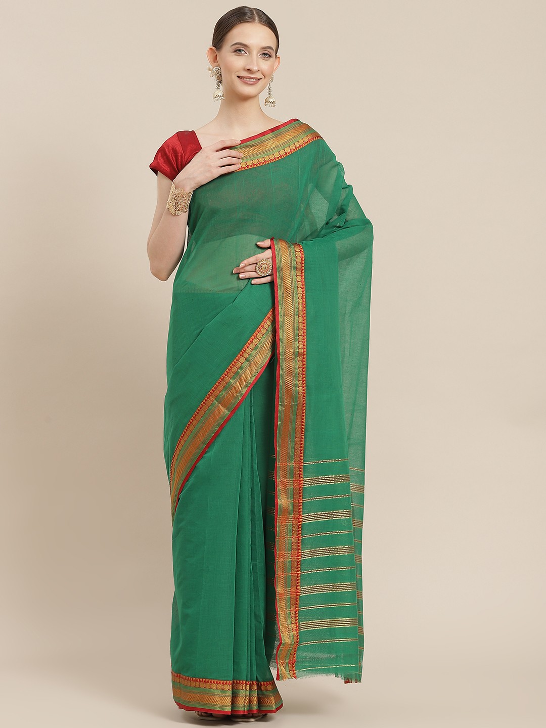 

Ishin Green Solid Zari Saree