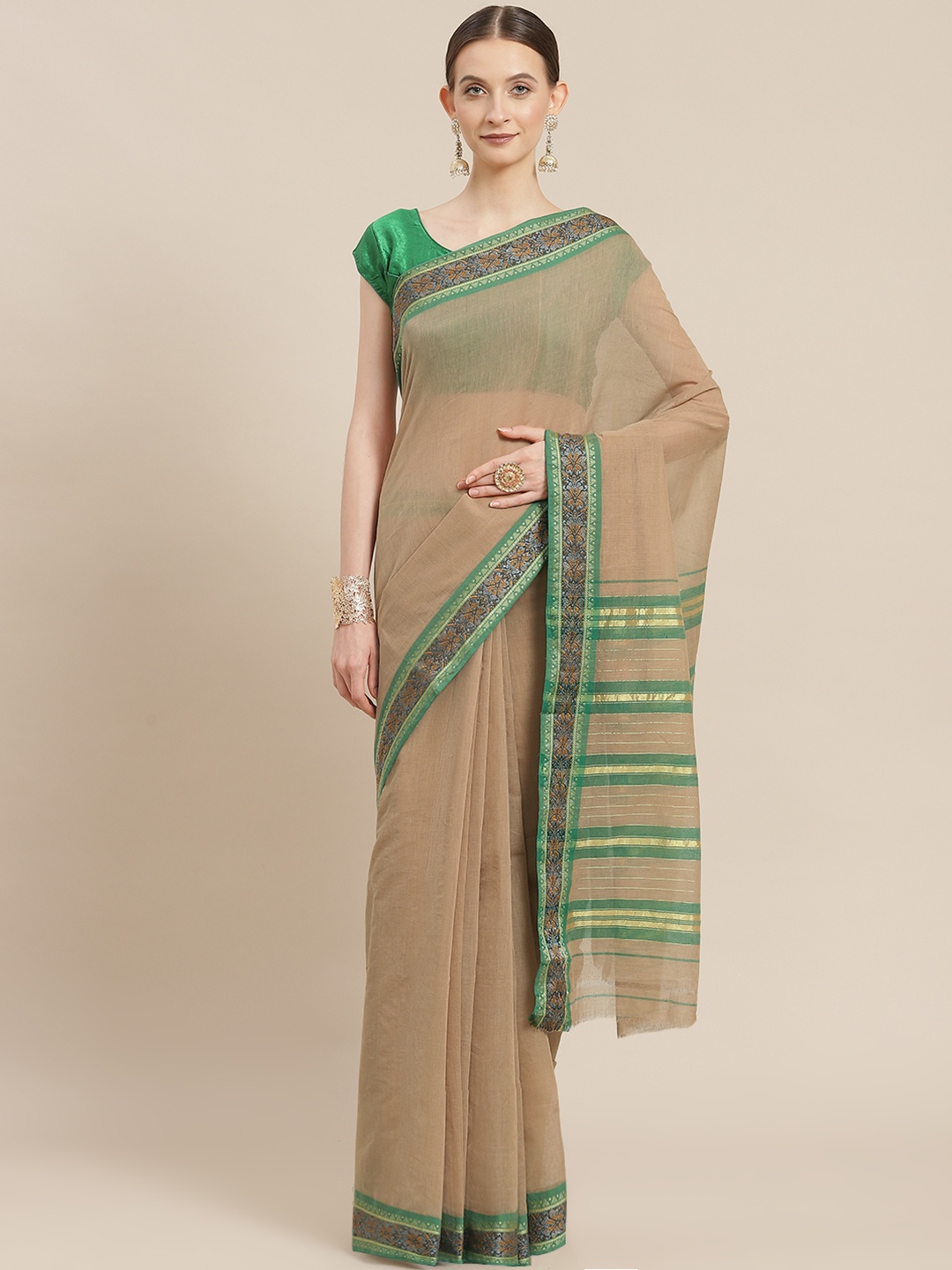 

Ishin Beige & Green Solid Zari Saree