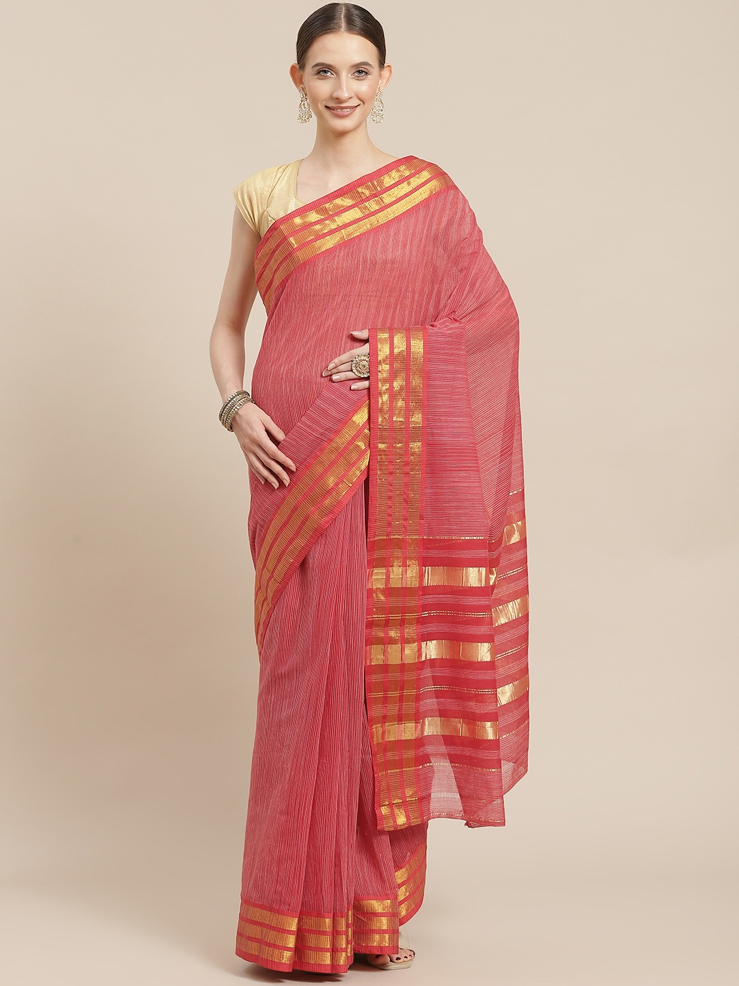 

Ishin Red & Gold-Toned Woven Design Zari Saree