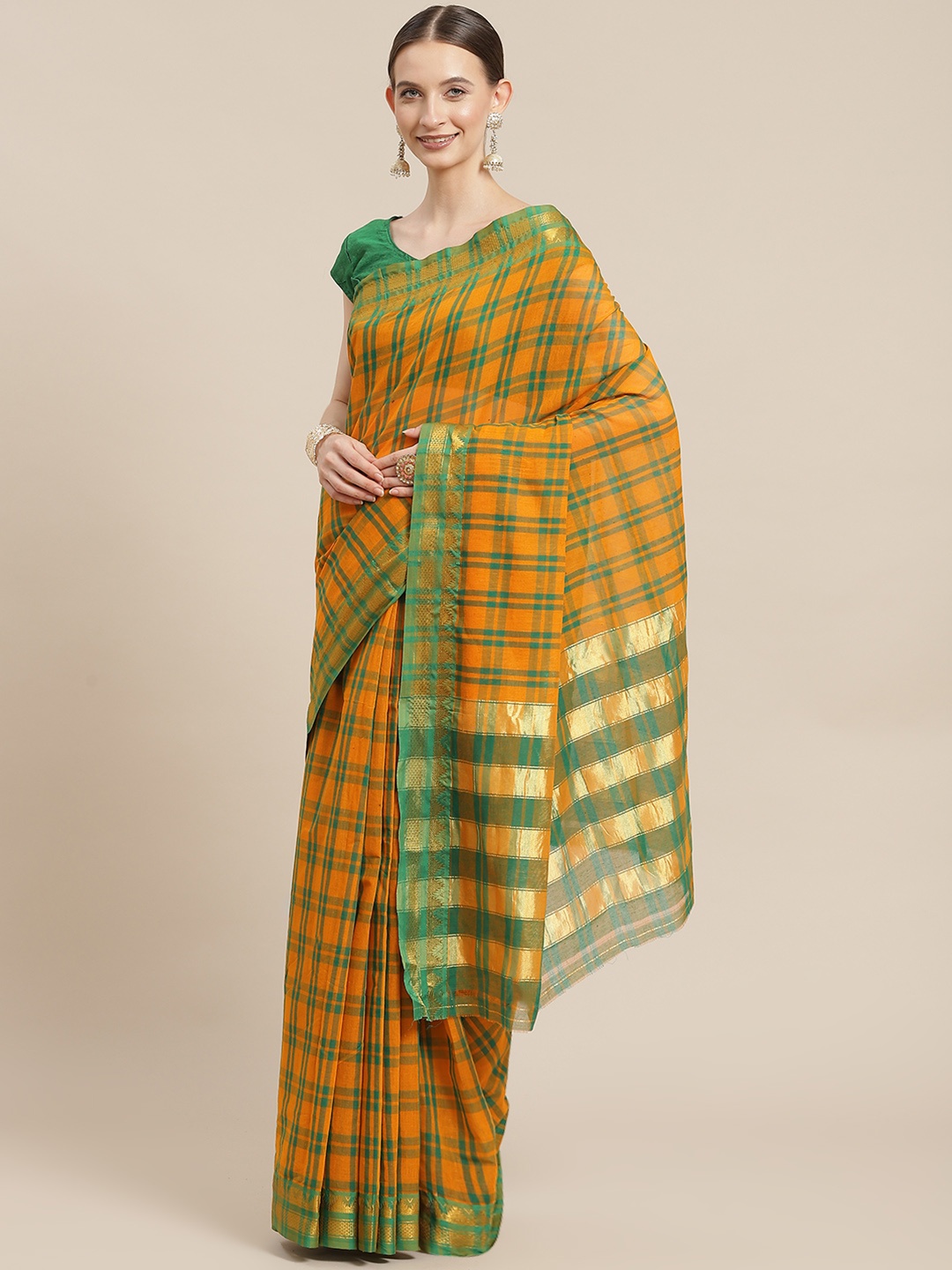 

Ishin Mustard & Green Checked Zari Saree