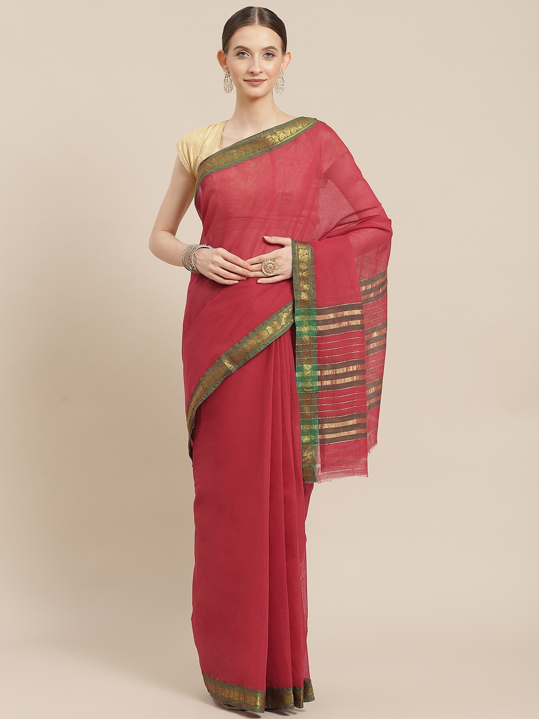 

Ishin Maroon & Green Solid Zari Saree