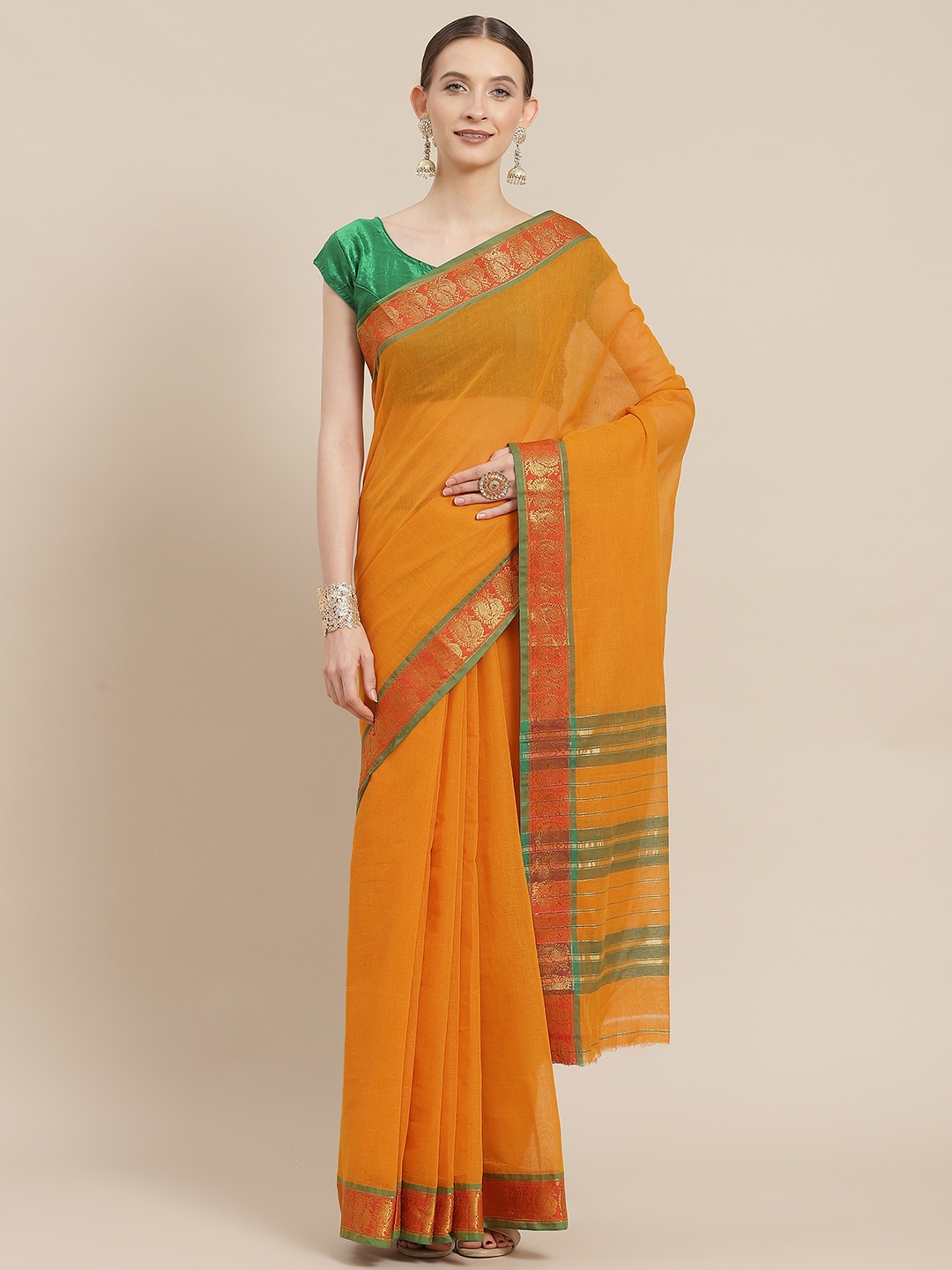 

Ishin Mustard & Red Zari Saree
