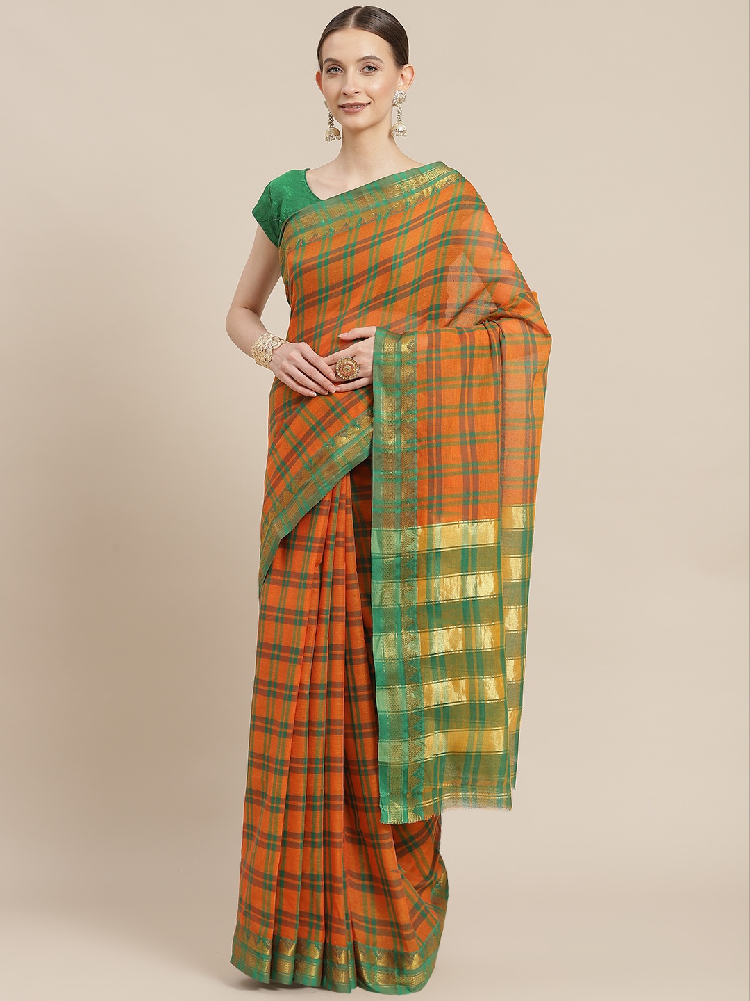 

Ishin Orange & Green Checked Zari Saree