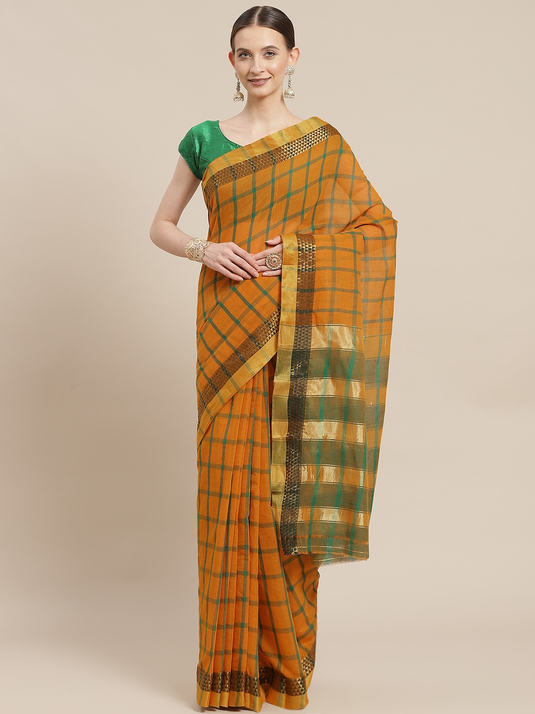 

Ishin Mustard & Green Checked Zari Saree