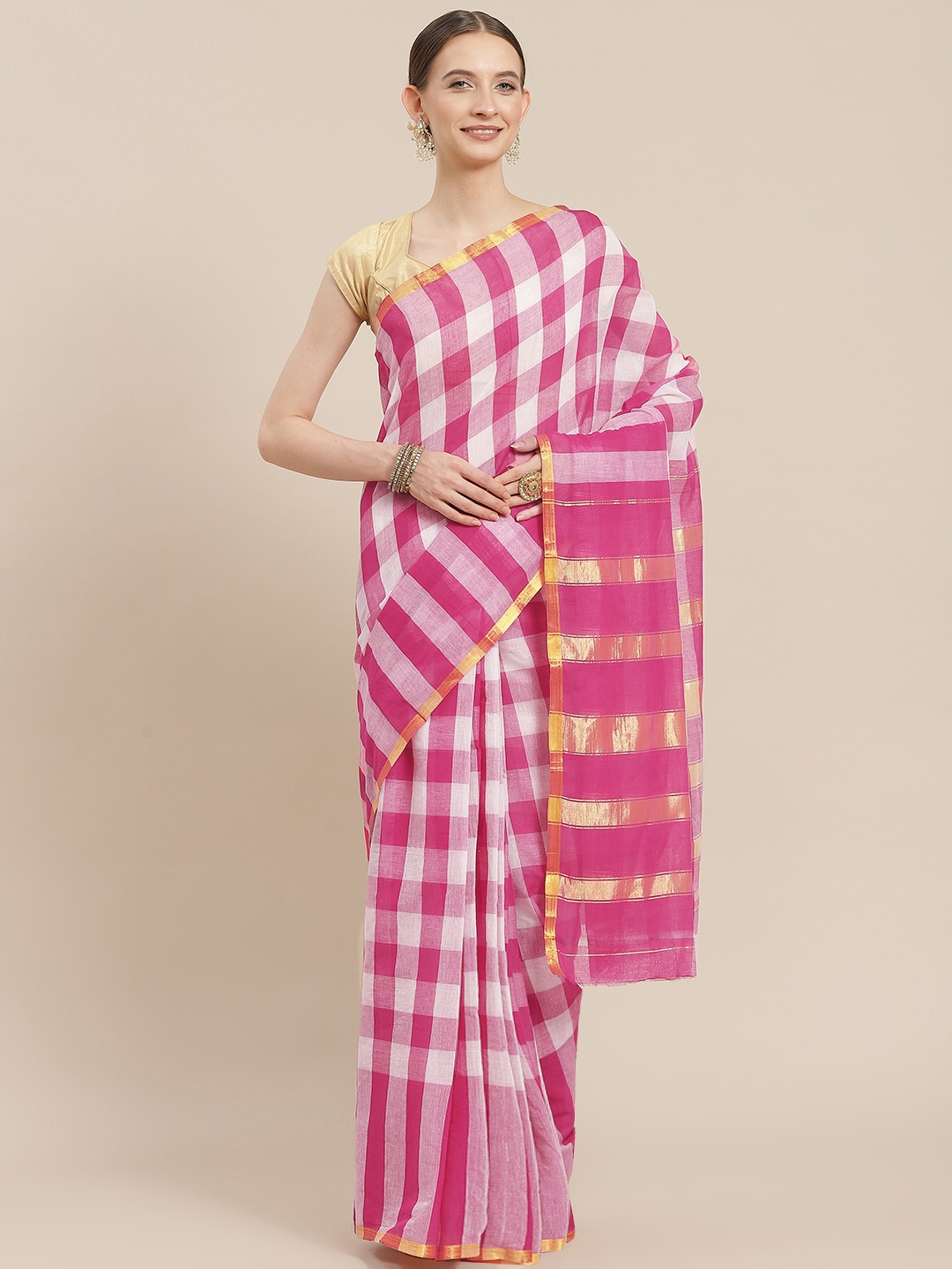 

Ishin Pink & White Checked Saree